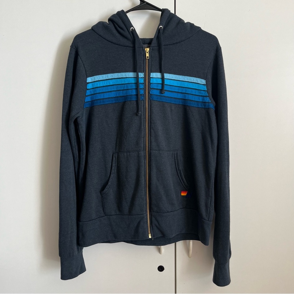 Aviator Nation Small Unisex Five Stripe Zip Hoodie Blue Stripes